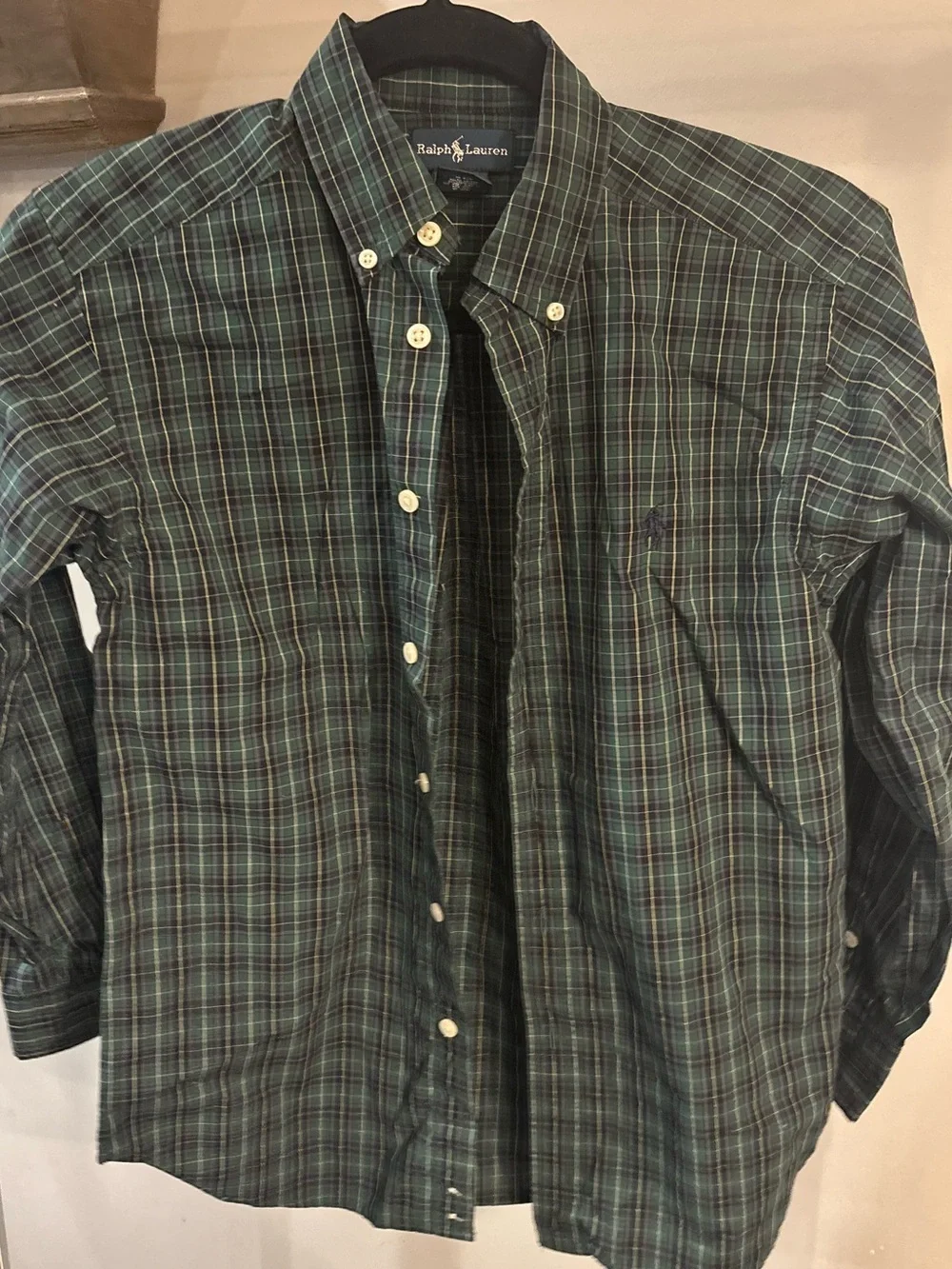Ralph Lauren Green and Navy Plaid Button-Down Shirt- size medium (10-12Y)
